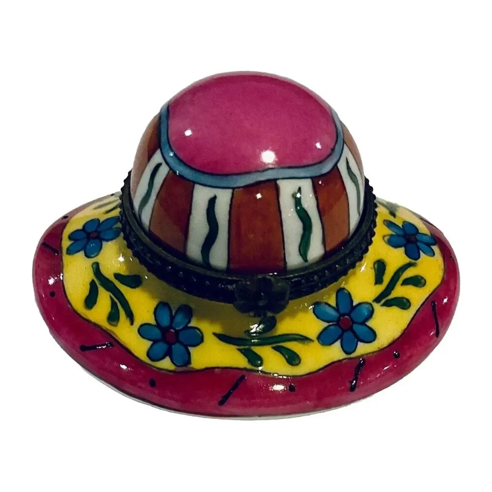 Hat Cap Bonnet Trinket Pill Box Pink Yellow Floral Colorful Ceramic Hinged